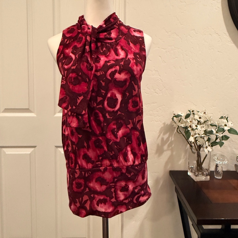 Express Pink and Burgundy Floral Tie-Neck Sleeveless Tunic